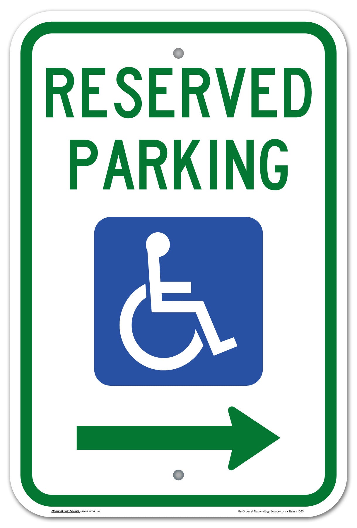ADA Handicap Sign Reserved Parking with handicap symbol. Aluminum Sign, reflective, right arrow.