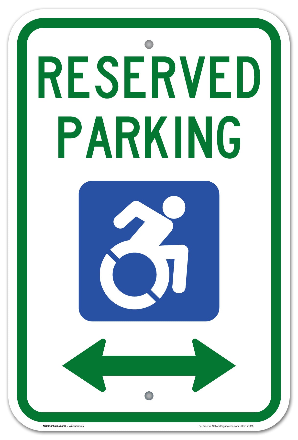 ADA Handicap Sign Reserved Parking with the redesigned International Symbol of Accessibility handicap symbol. Aluminum Sign, reflective, double arrow.