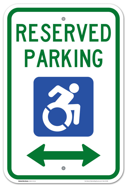 ADA Handicap Sign Reserved Parking with the redesigned International Symbol of Accessibility handicap symbol.  Aluminum Sign, reflective, double arrow.