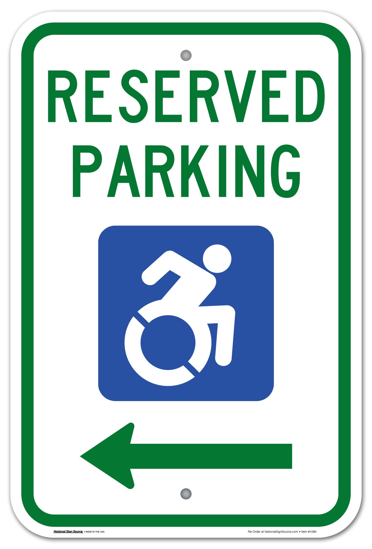 ADA Handicap Sign Reserved Parking with the redesigned International Symbol of Accessibility handicap symbol. Aluminum Sign, reflective, left arrow.