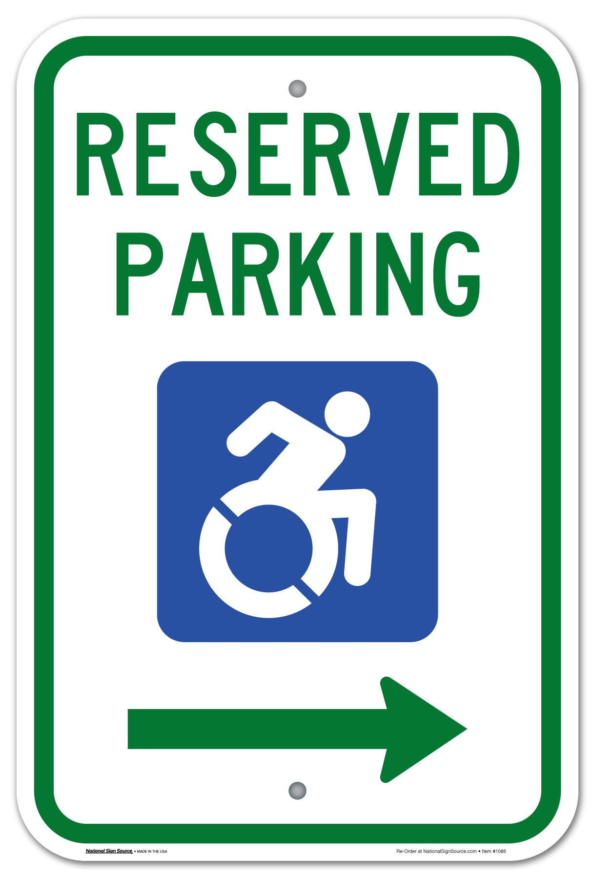ADA Handicap Sign Reserved Parking with the redesigned International Symbol of Accessibility handicap symbol. Aluminum Sign, reflective, right arrow.
