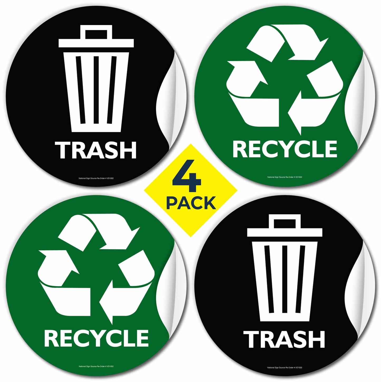 Recycle and trash bin vinyl sign stickers. Place these on or near containers for garbage and recycling