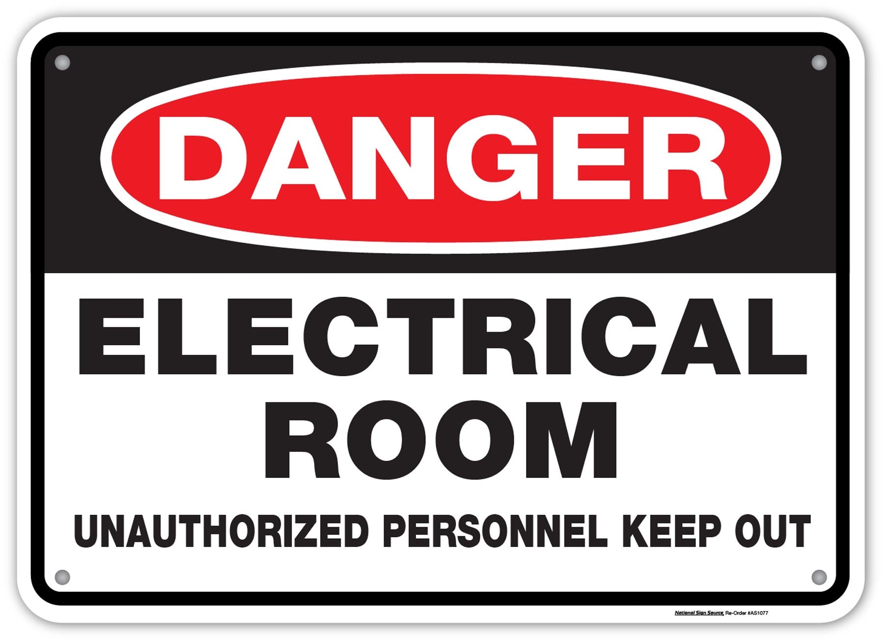 Danger Electrical Sign. Aluminum or Vinyl Decal. Sign reads "Danger. Electrical Room. Unauthorized personnel keep out."