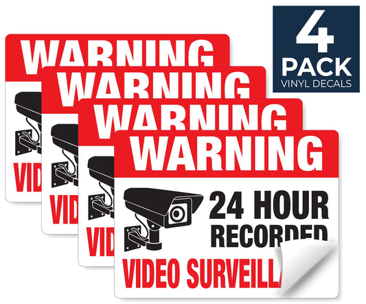 Warning 24 hour recorded video surveillance sticker sign.  Closed circuit security camera system warning signs, 4 pack. 