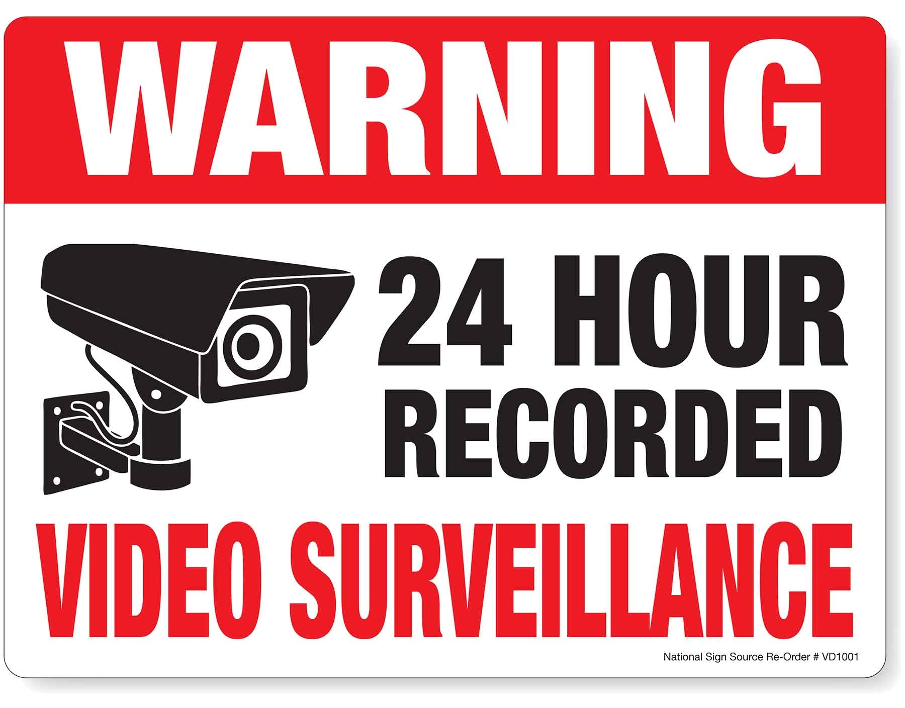 Warning 24 hour recorded video surveillance sticker sign.  Closed circuit security camera system warning signs. 