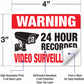 Warning 24 hour recorded video surveillance sticker sign.  Closed circuit security camera system warning signs.   4"x3".