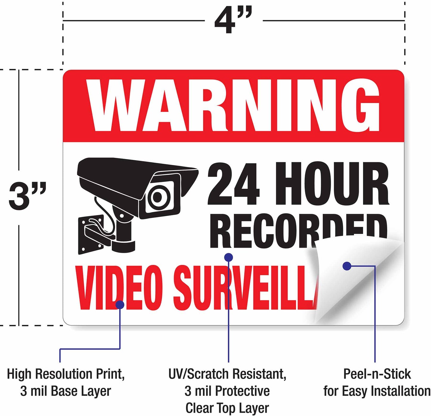 Warning 24 hour recorded video surveillance sticker sign.  Closed circuit security camera system warning signs.   4"x3".