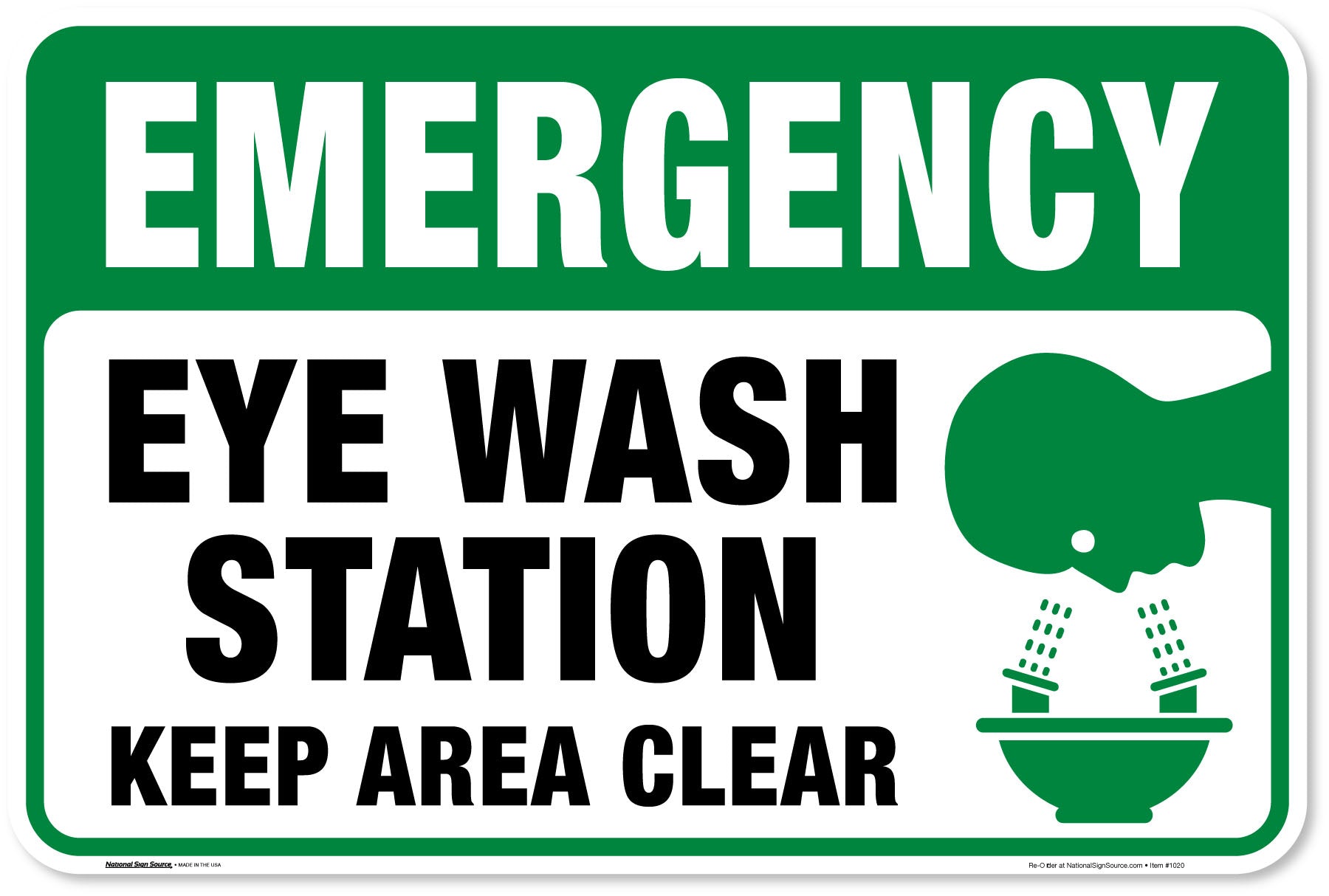 Emergency eye wash station aluminum sign.  Eye wash station keep area clear sticker sign.
