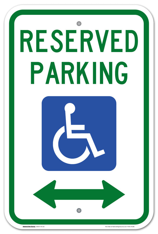 ADA Handicap Sign Reserved Parking with handicap symbol.  Aluminum Sign, reflective, double arrow.