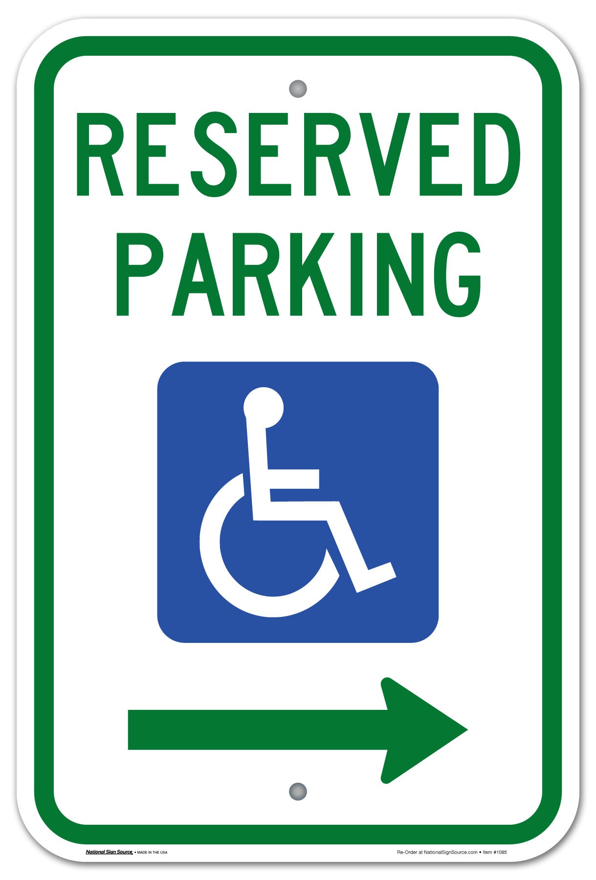 ADA Handicap Sign Reserved Parking with handicap symbol.  Aluminum Sign, reflective, right arrow.