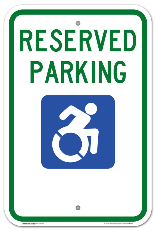 ADA Handicap Sign Reserved Parking with the redesigned International Symbol of Accessibility handicap symbol.  Aluminum Sign, reflective.