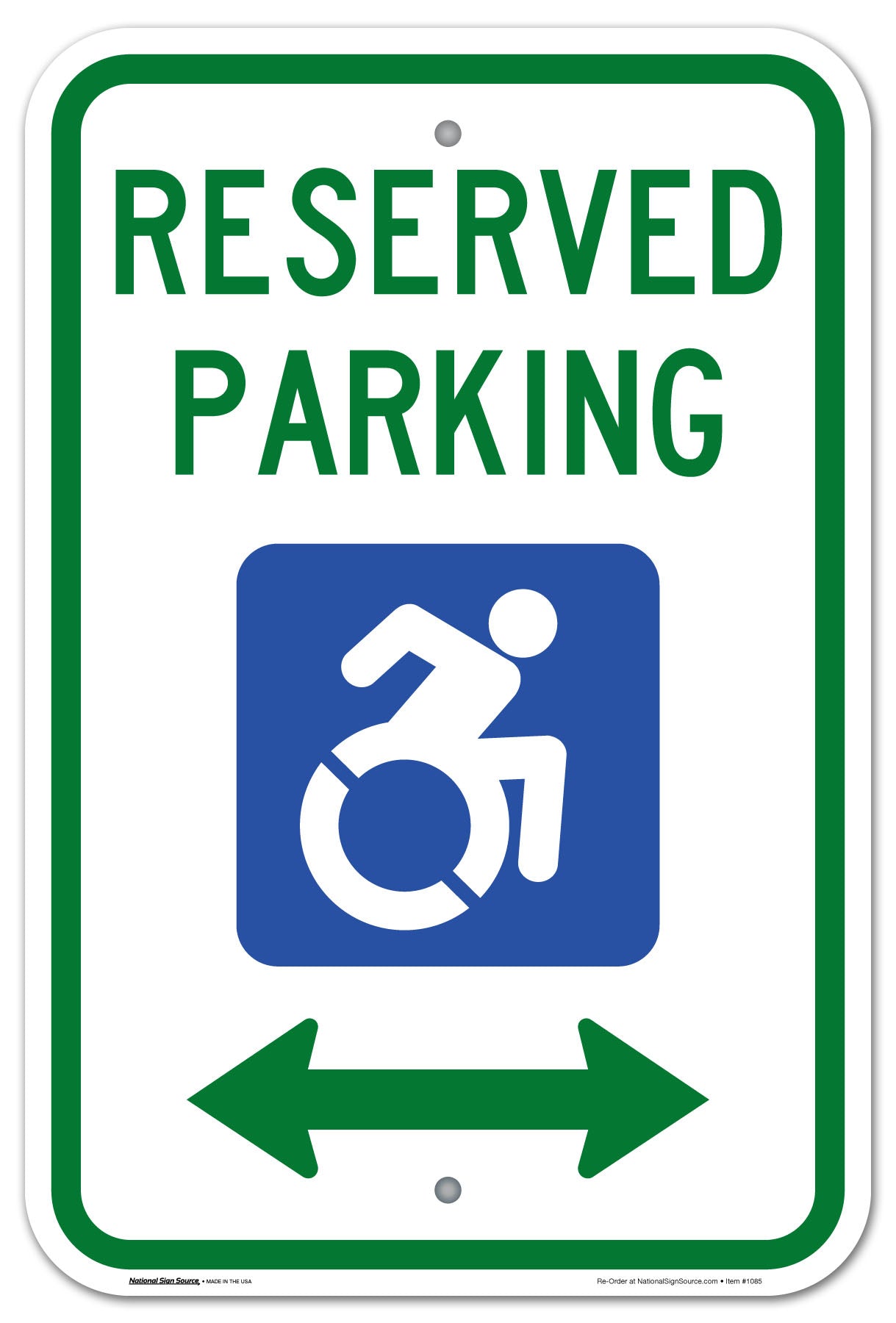 ADA Handicap Sign Reserved Parking with the redesigned International Symbol of Accessibility handicap symbol.  Aluminum Sign, reflective, double arrow.