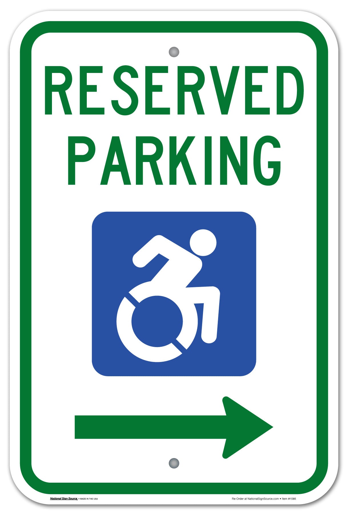 ADA Handicap Sign Reserved Parking with the redesigned International Symbol of Accessibility handicap symbol.  Aluminum Sign, reflective, right arrow.