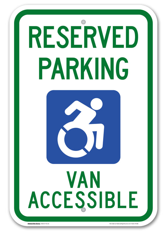 ADA Handicap Sign Reserved Parking, Van Accessible with the redesigned International Symbol of Accessibility handicap symbol.  Aluminum Sign, reflective.