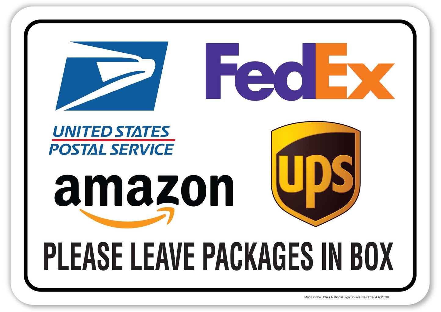 Leave packages in box delivery sign, aluminum or vinyl sticker signs.