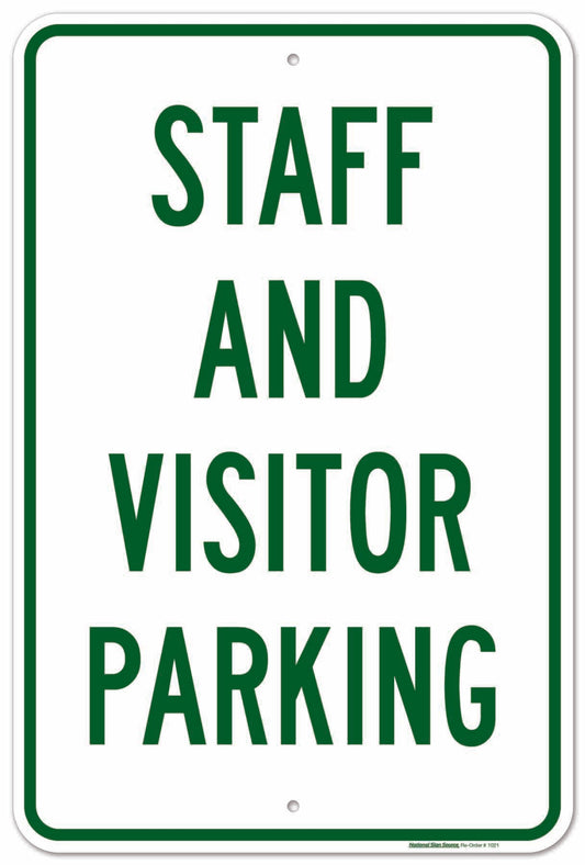 Staff and visitor parking sign.  Reflective aluminum parking sign identifying staff and visitor parking locations.