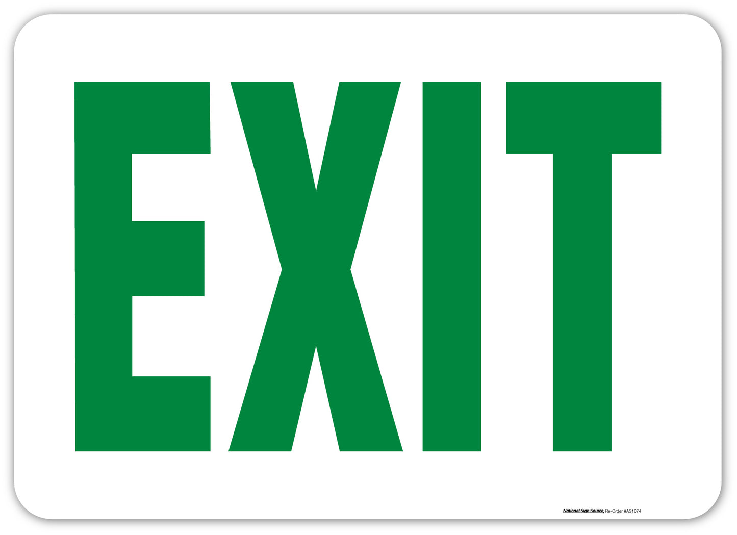 Exit signs, aluminum signs or vinyl sticker signs.  Green lettering on white background.
